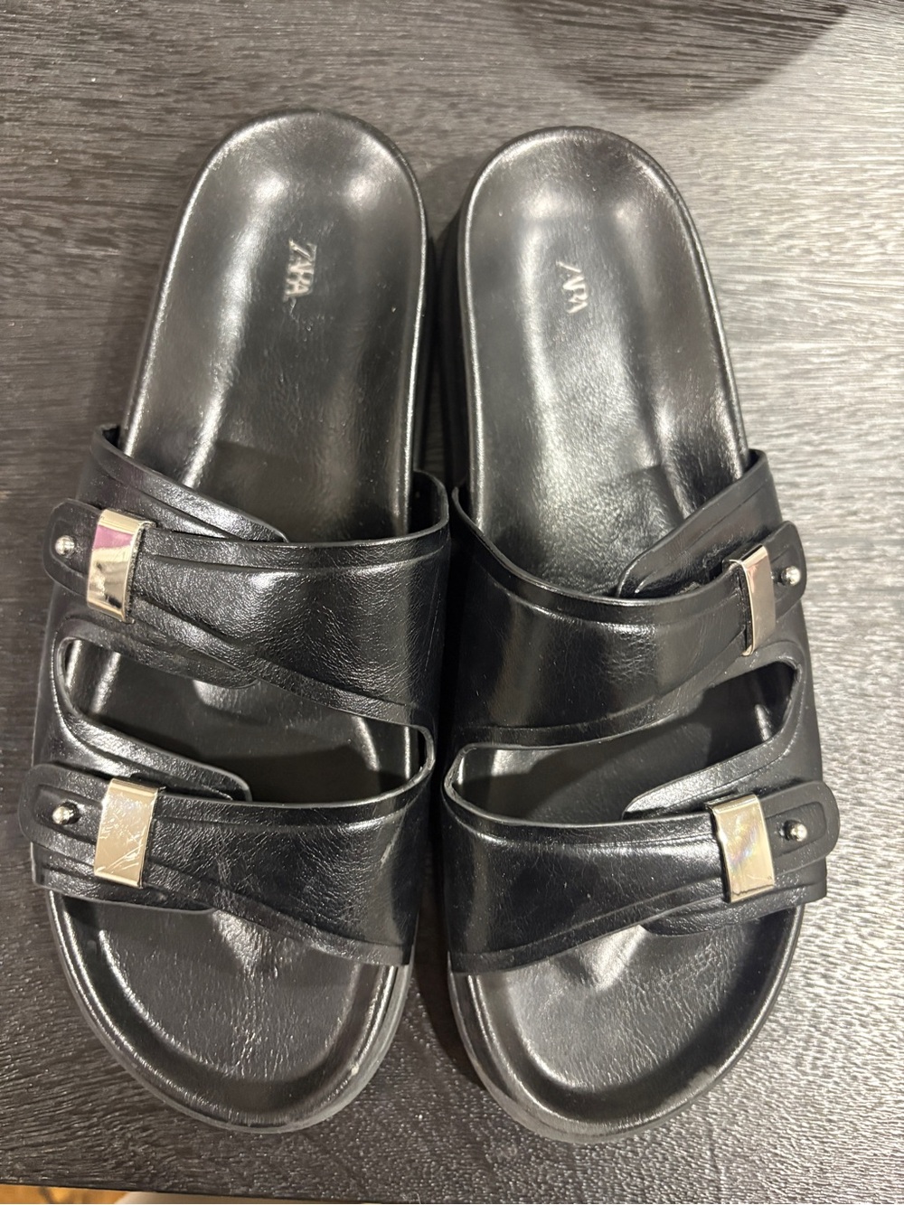Zara Black Slide Sandals with Silver Accents